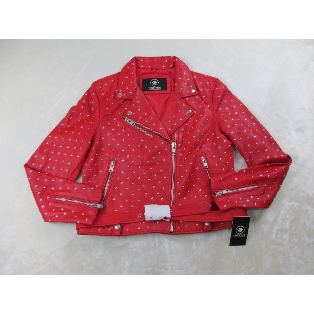 NEW Whet Blu Claudia Studded Jacket Womens Extra Large Red Leather Belted Ladies